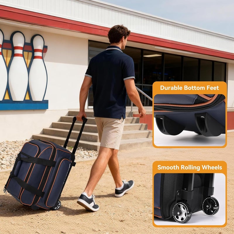 DAUSROOB 2 Ball Bowling Bag with Wheel,900D Oxford Waterproof PU,Dual Roller Bowling Bag with Sturdy Frame,Large Shoe Compartment Fits Up to Men’s 16,Rolling Bowling Tote, Handle Extends to 39.5" - Image 5